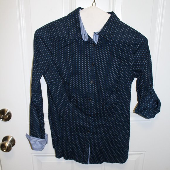 Van Heusen Fitted Navy Blue Polka Dot Blouse Sz S - Picture 1 of 5